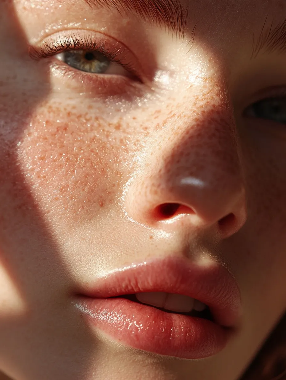 Close skin detail of strawberry girl makeup 2026 showing the cream blush bloom and natural freckles step by step