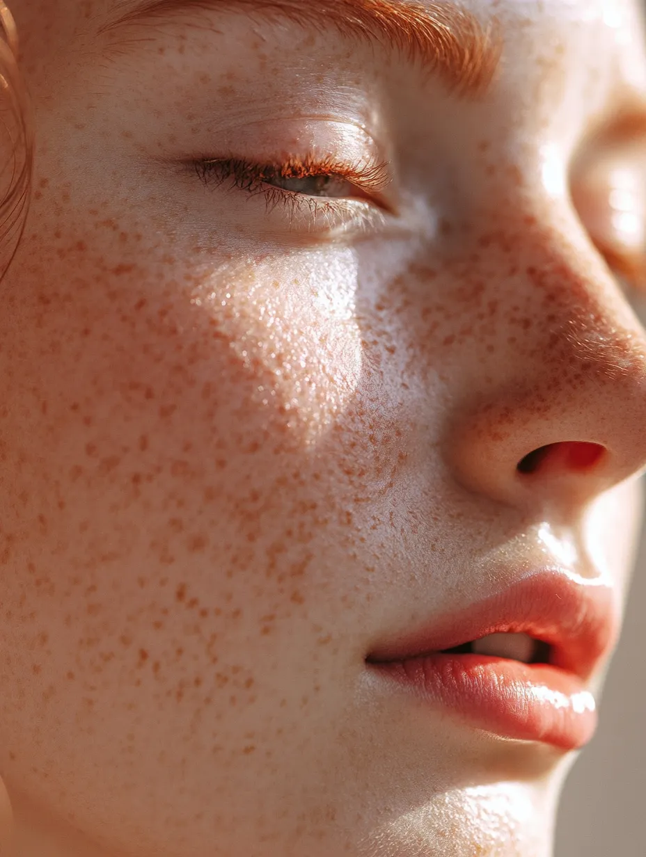 Macro beauty portrait of cheek with strawberry girl makeup result in 2026 showing blush placement and freckle detail