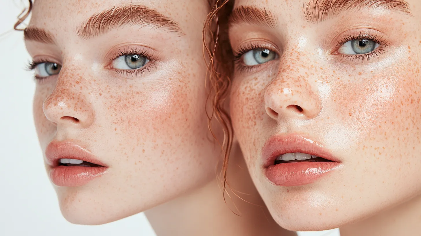 Editorial before and after showing how the 2026 strawberry girl makeup look transforms bare skin with flush freckles and gloss