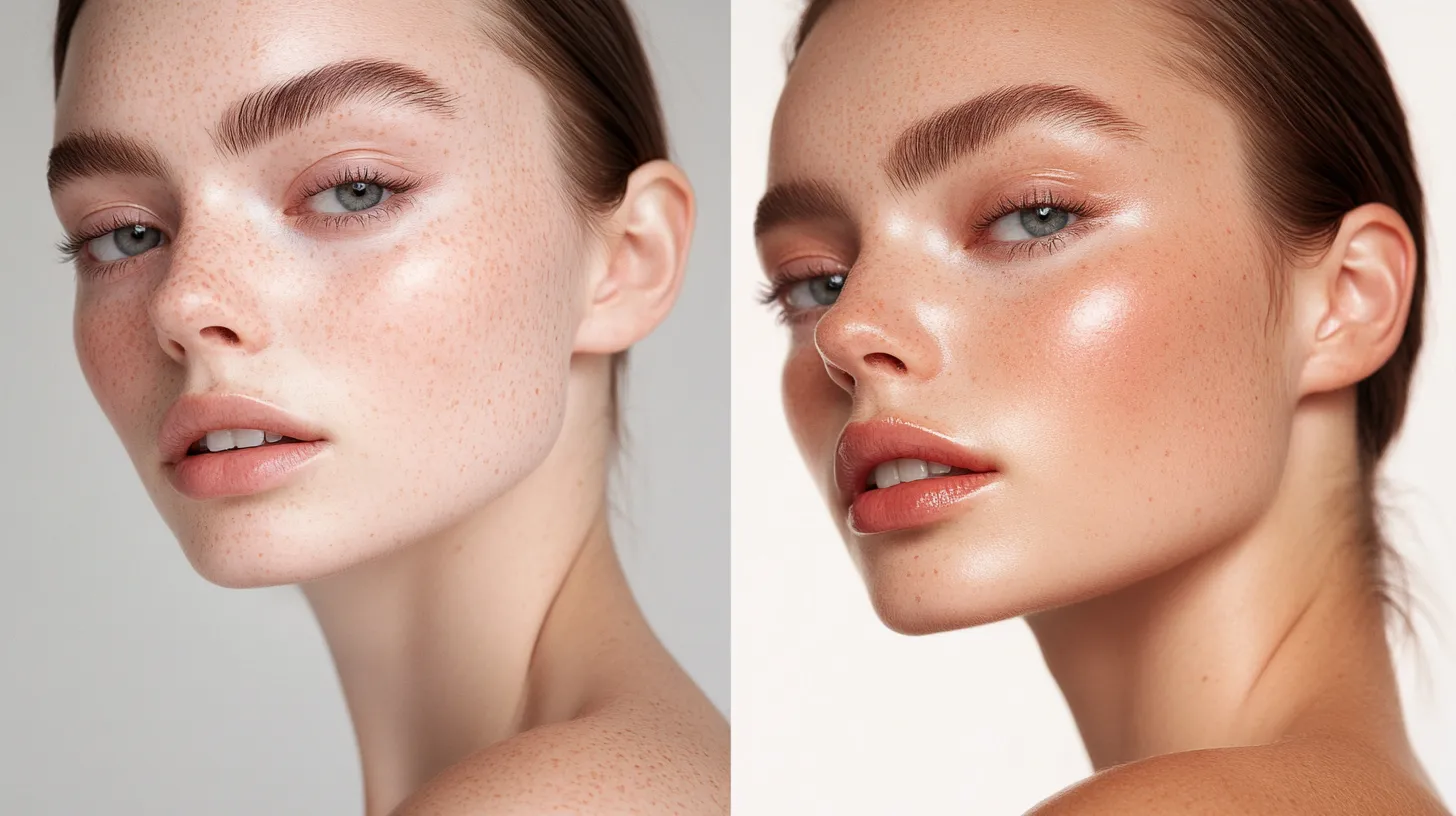Before and after split of strawberry girl makeup look 2026 showing bare skin versus full rosy flush and glossy lip result