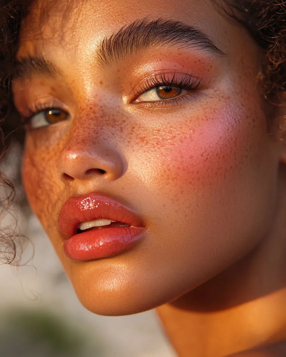 Woman with deeper skin tone wearing 2026 strawberry girl makeup look step by step with coral blush and berry gloss