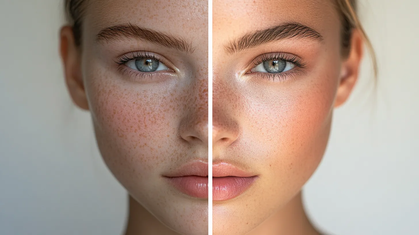 Side by side before after portrait of strawberry girl makeup look step by step transformation for 2026
