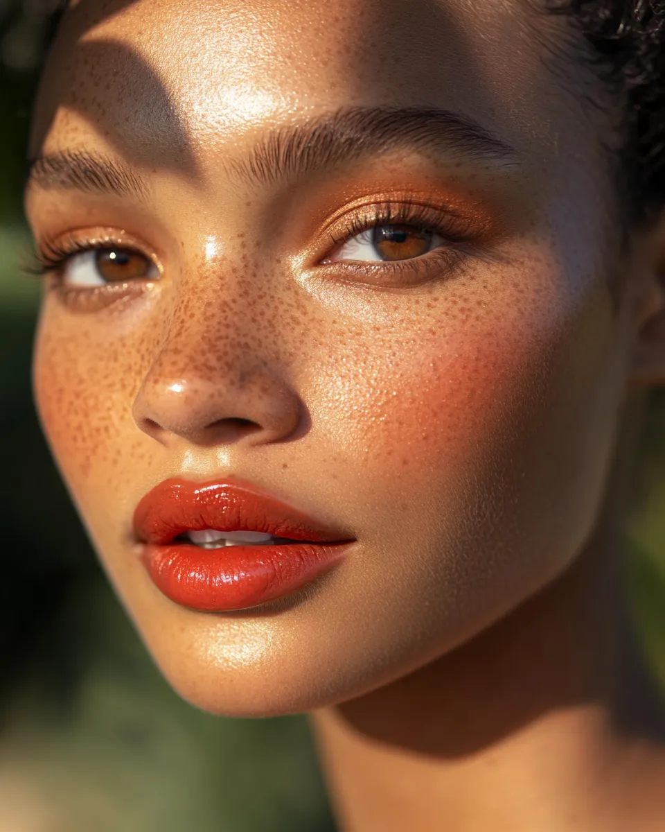 Editorial portrait of medium skin strawberry girl makeup look 2026 with rich blush bloom and glossy warm lip