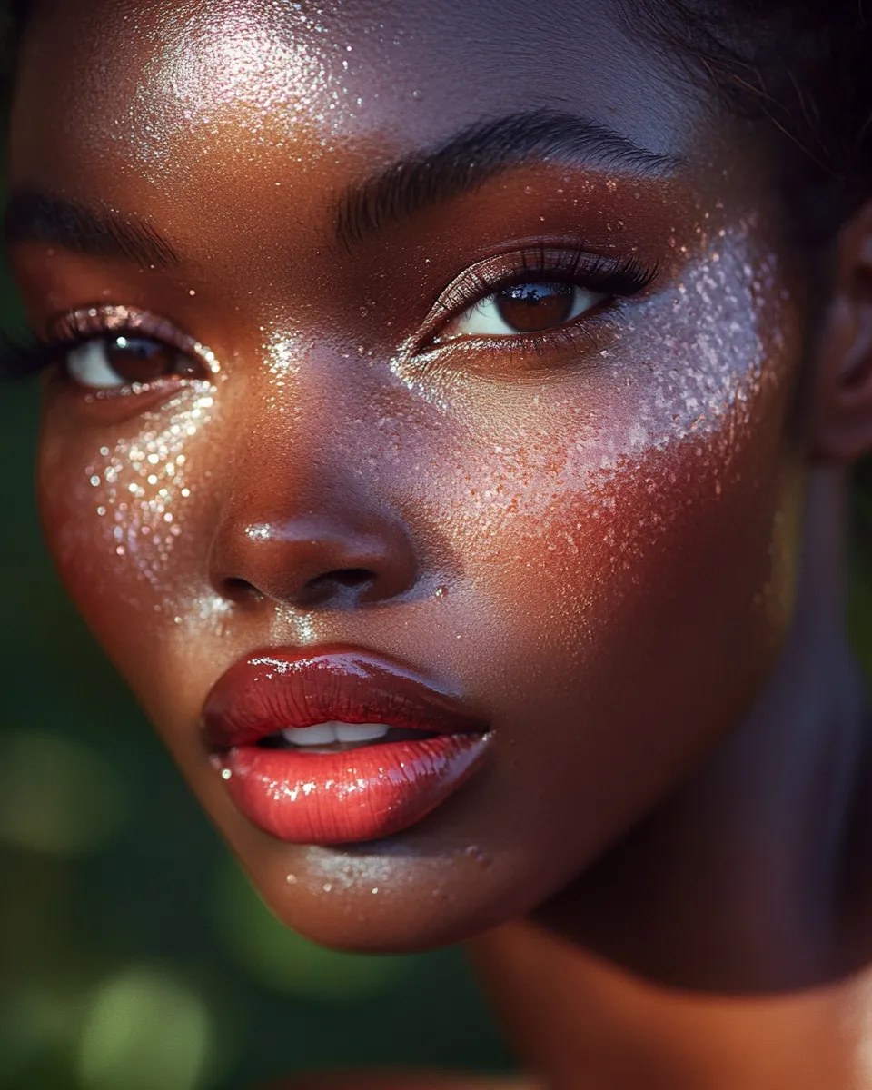 Strawberry girl makeup look step by step on medium-deep skin showing adapted coral-berry shades for 2026
