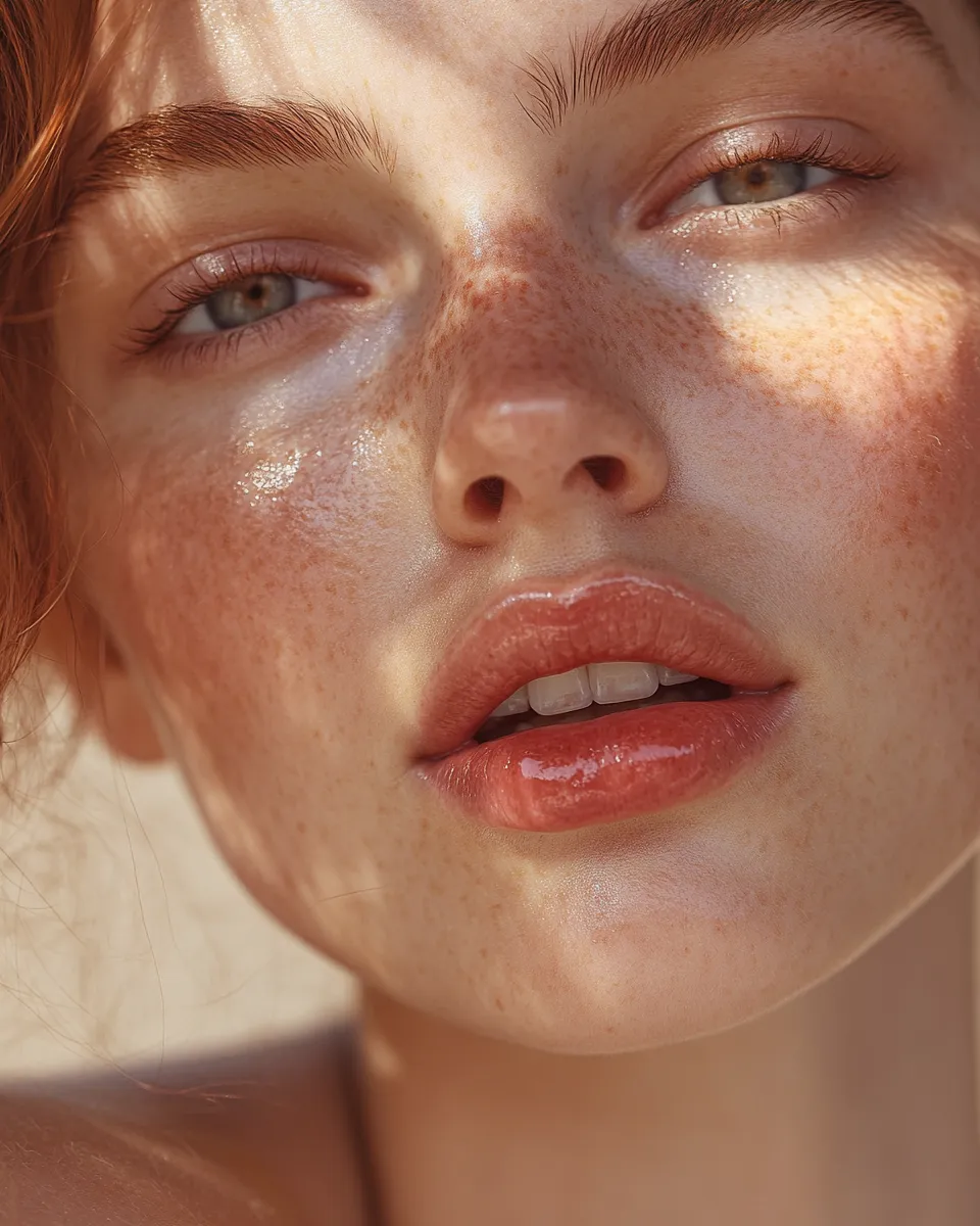 Close editorial portrait of 2026 strawberry girl makeup look with warm blush bloom glossy lip and natural freckles
