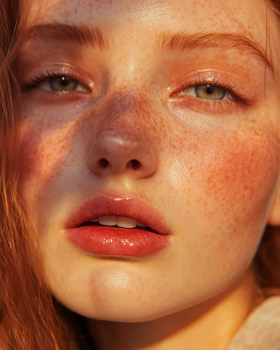 Beauty editorial portrait showing the complete strawberry girl makeup look for 2026 with flushed cheeks and freckles