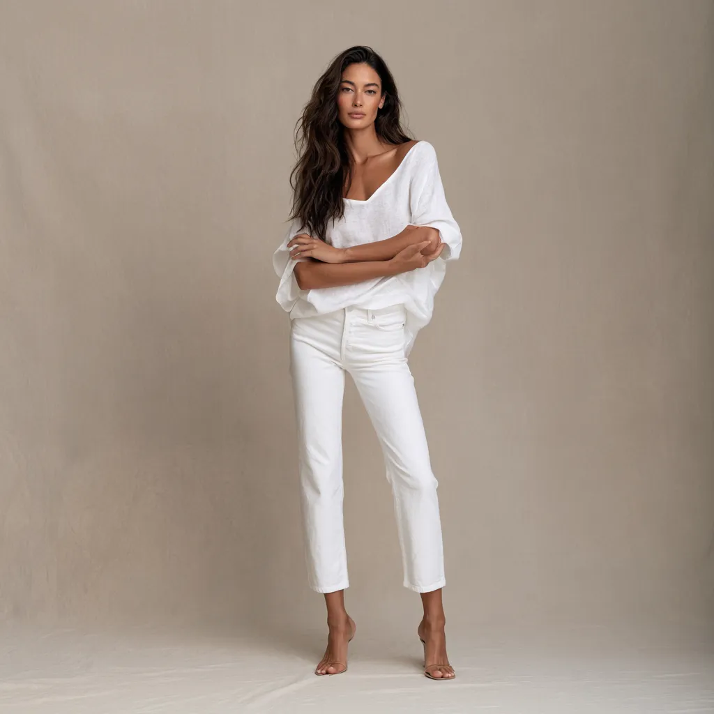 Catalog standing shot of a trendy summer casual outfit featuring oversized linen and cropped denim