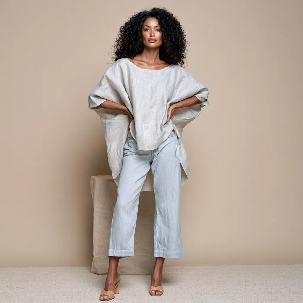 Studio fashion photo of a relaxed chic women's summer outfit idea in neutral tones