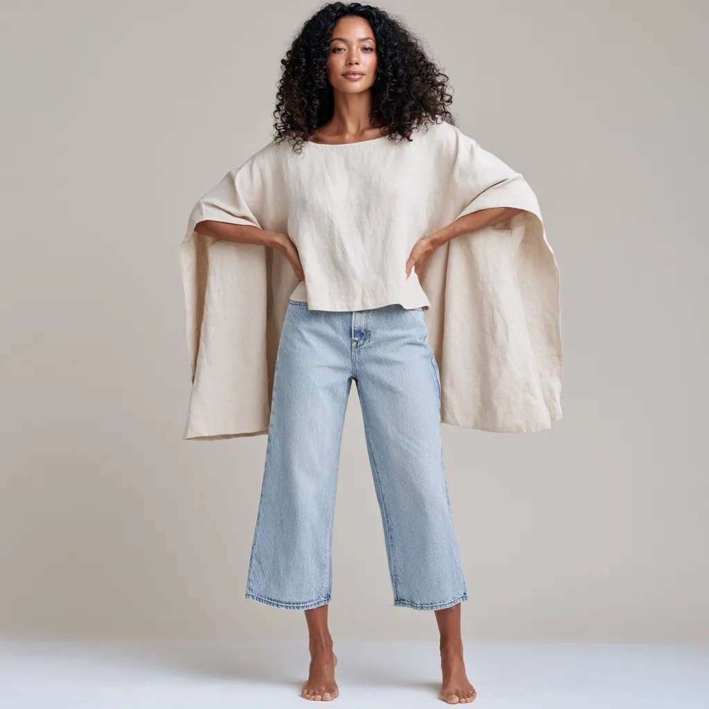 Editorial catalog image showing a cool summer outfit for women with linen and ankle-length jeans