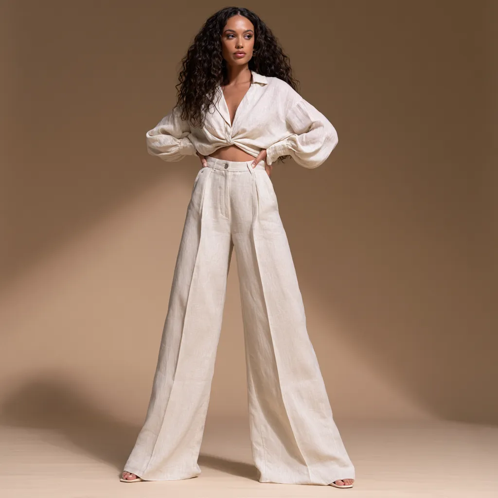 Editorial standing catalog photo of a chic and practical summer outfit in wide-leg linen and tucked-in blouse