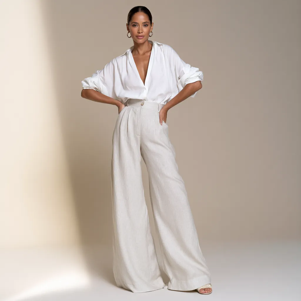Woman in a versatile travel summer outfit with linen wide-leg trousers and neutral blouse in a catalog pose