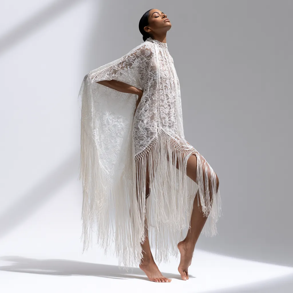 Editorial catalog photo of a statement summer outfit with transparent fabric and fringe movement