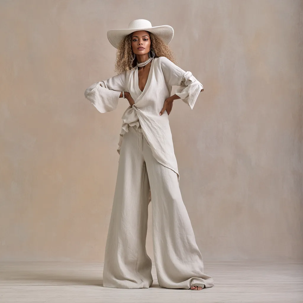 Fashion catalog image of a woman in a best summer outfit look with minimalist studio lighting