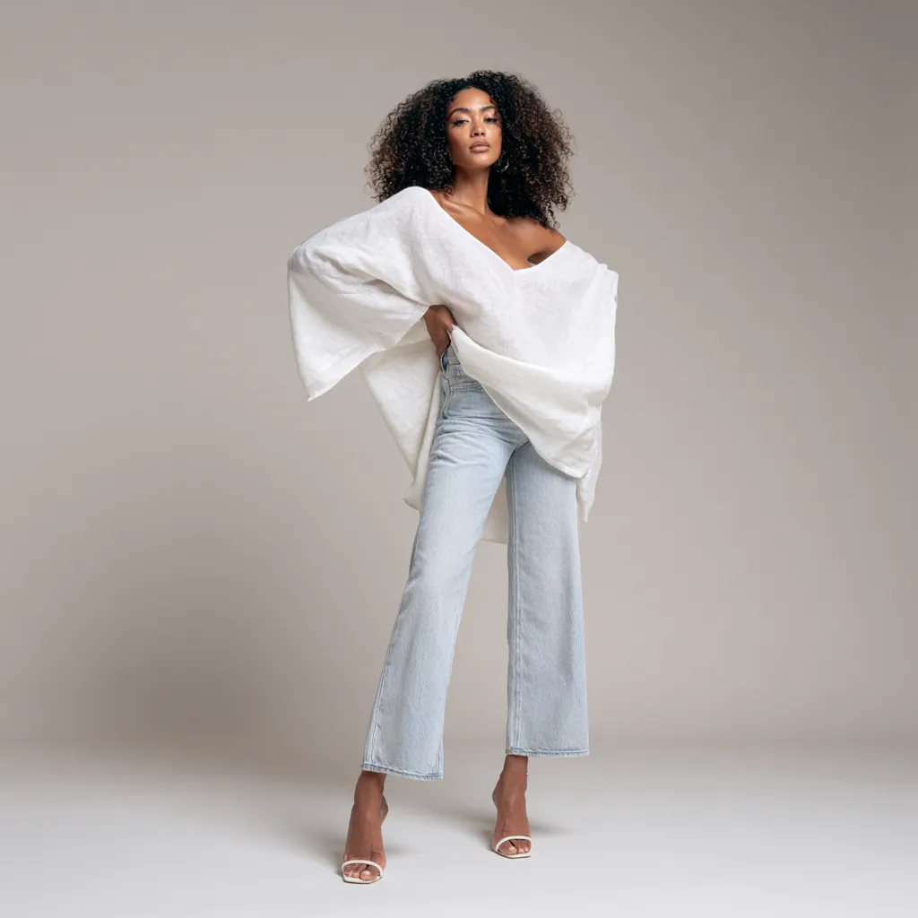 Woman in a casual everyday summer outfit with cropped jeans and linen top in a studio catalog pose