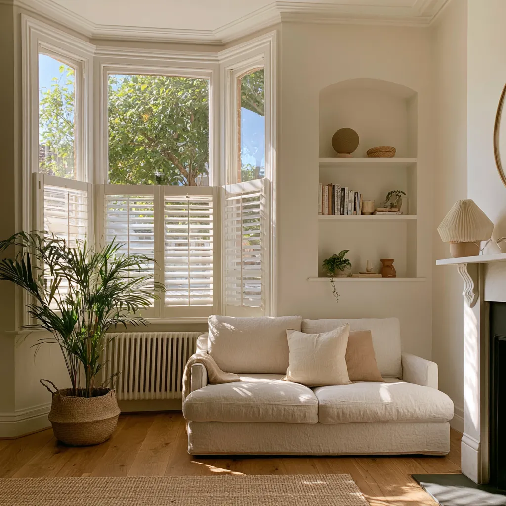 Small terraced house front room ideas featuring built-in shelving and natural linen upholstery