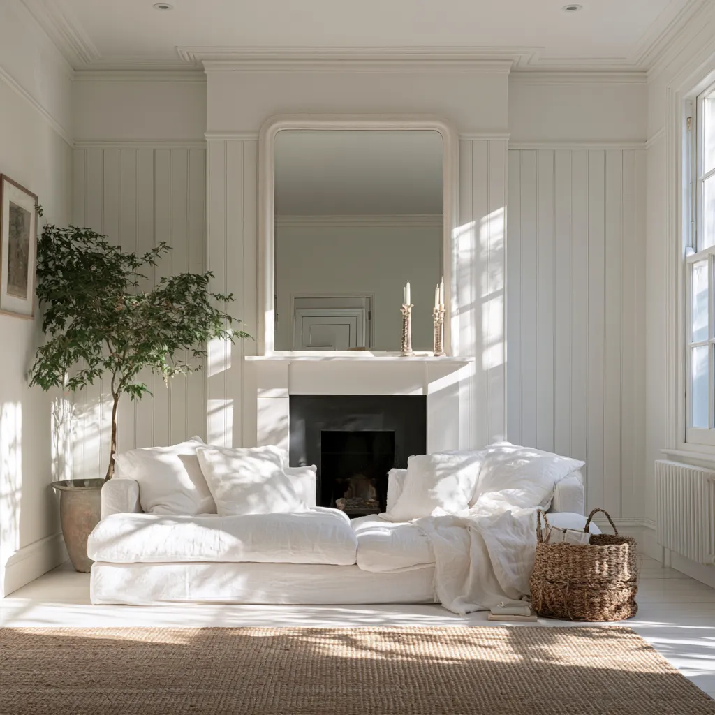 Terraced living room space-saving ideas featuring low-profile furniture and large wall mirror