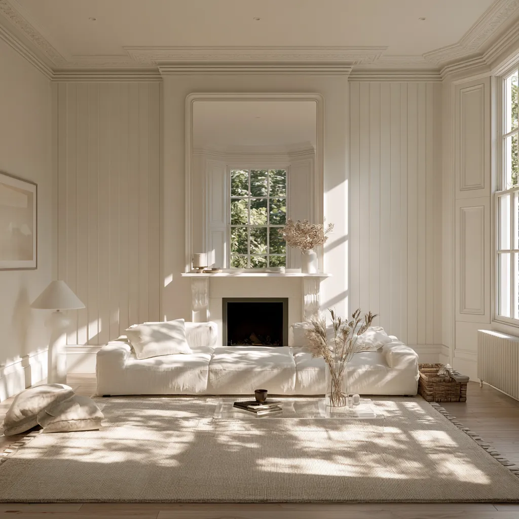 Victorian terrace lounge with vertical panelling, pale linen, and decluttered floor for a spacious feel