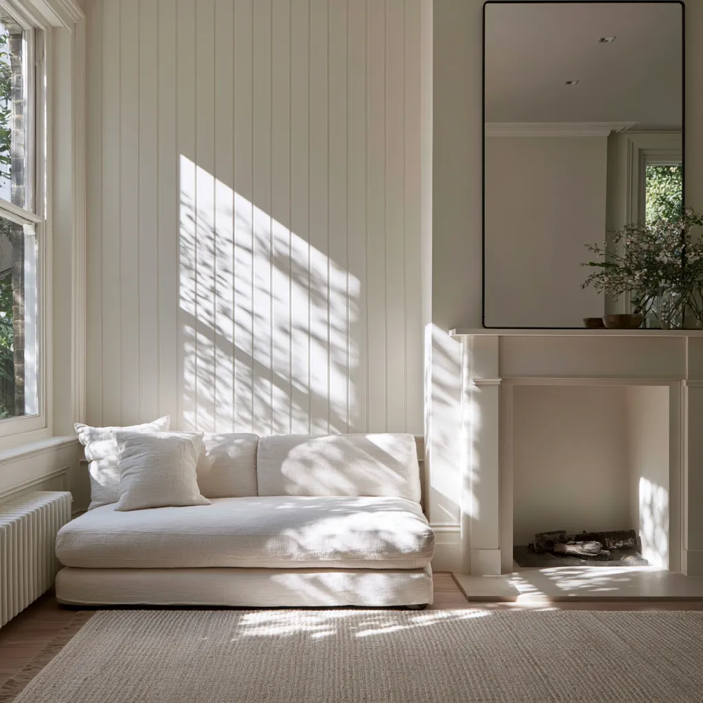 Small terraced house living room ideas with large mirror, low sofa, and vertical panelling to maximise space