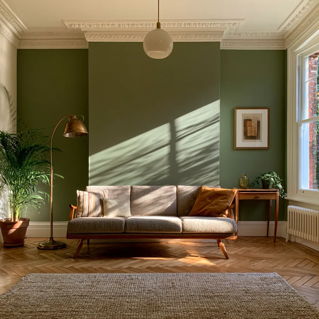 Terraced house living room ideas with deep sage green chimney breast, brass lamp, and herringbone floor