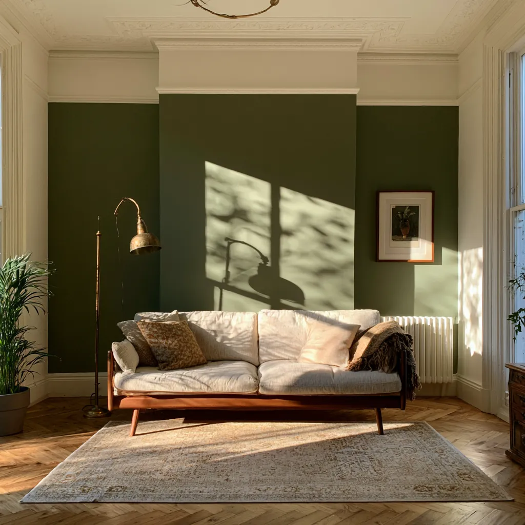 Victorian terrace front room with accent wall and mid-century sofa styling