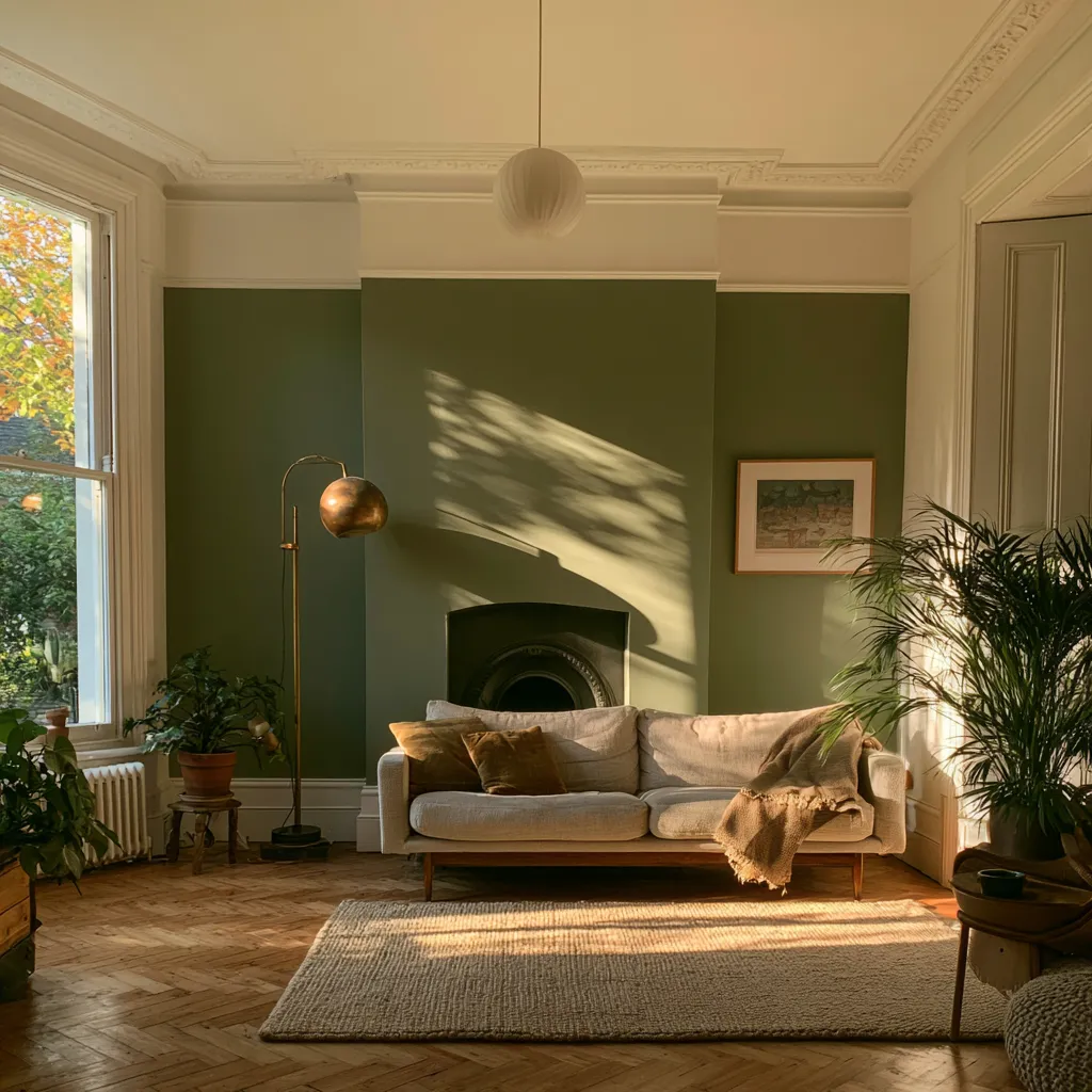 Small terraced living room colour ideas featuring sage green and warm brass accents