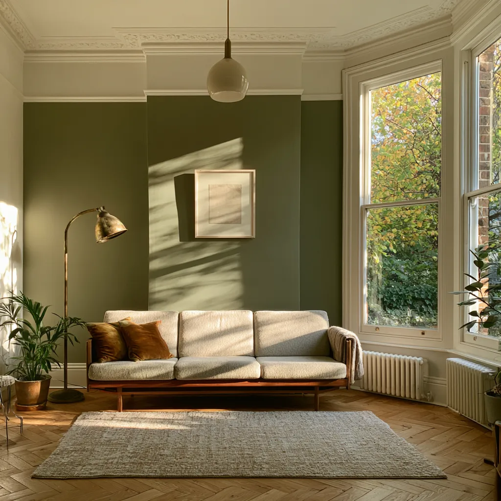 Period terraced home lounge with feature chimney breast in deep green and white cornicing