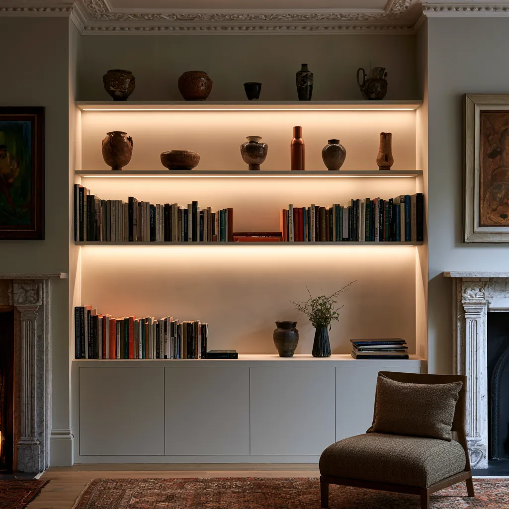 Victorian terrace lounge alcove storage with painted MDF shelves and ceramic display