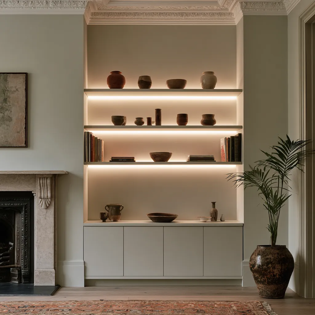 Small terraced front room built-in alcove ideas with integrated lighting and book display