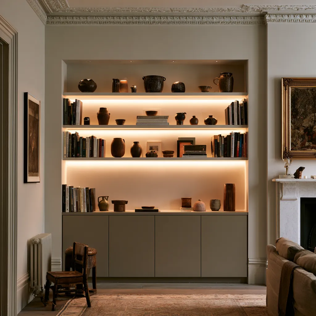 Period terraced home living room alcoves with flanking chimney breast and bespoke shelving