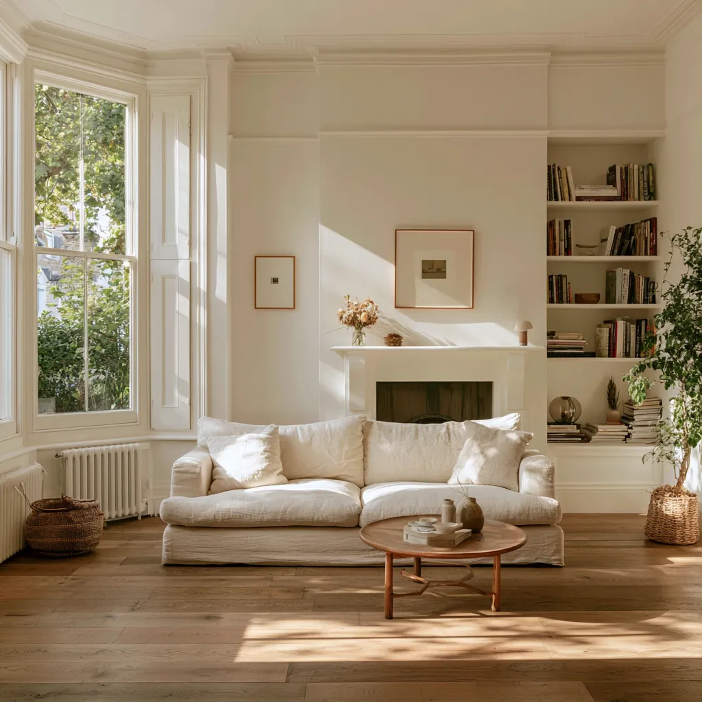 Period terraced home living room with alcove storage and bay window seating area