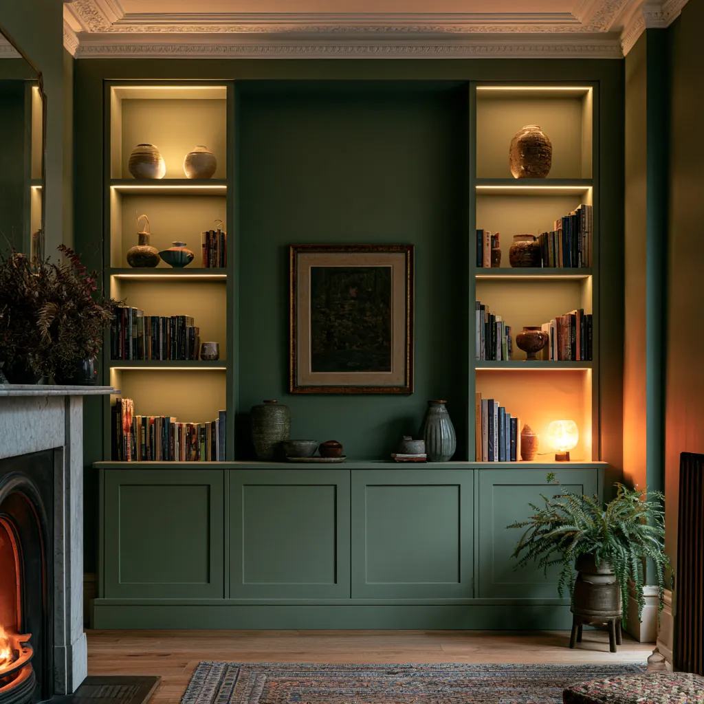 Terraced house living room ideas with built-in alcove shelving, LED lighting, and Victorian fireplace