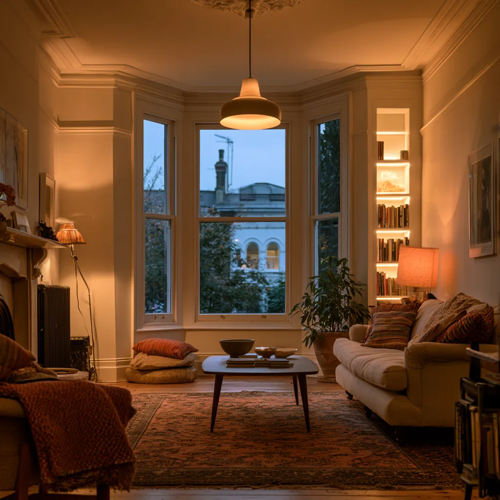 Narrow terraced home lounge with layered lighting strategy and cosy ambient warmth