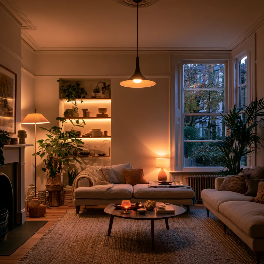 Terraced house living room lighting ideas with layered lamps, floor lamp corner, and LED alcove glow at dusk