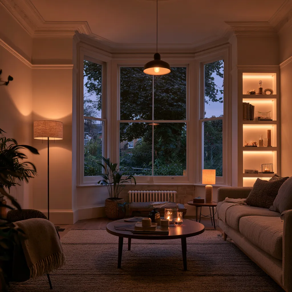 Victorian terrace front room with four-layer lighting scheme and warm ambient atmosphere