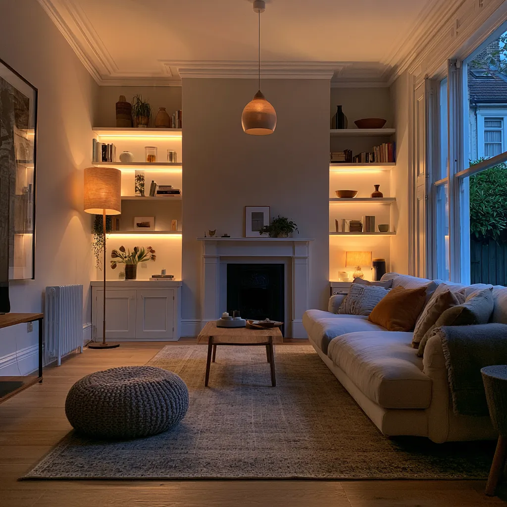 Small terraced living room evening lighting ideas with floor lamp and alcove shelf illumination