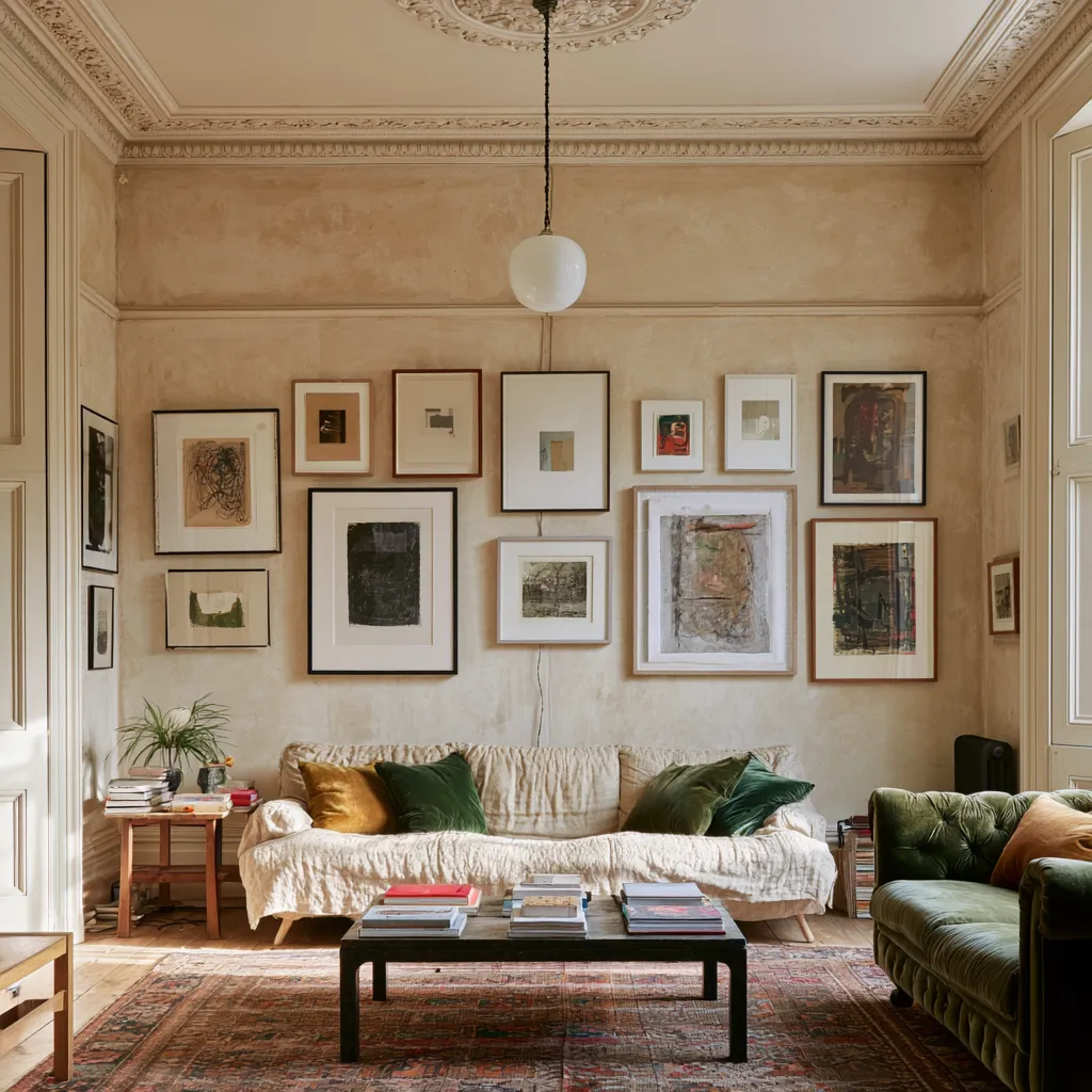 Victorian terrace lounge with mixed artwork on picture rail and warm plaster walls