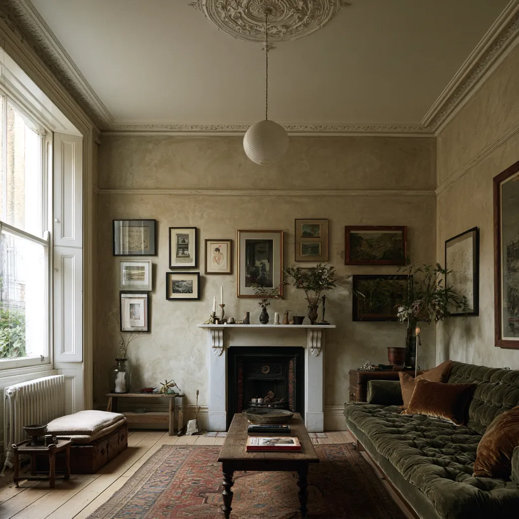 Period terraced home living room styling ideas with gallery wall, velvet sofa, and ceiling rose detail