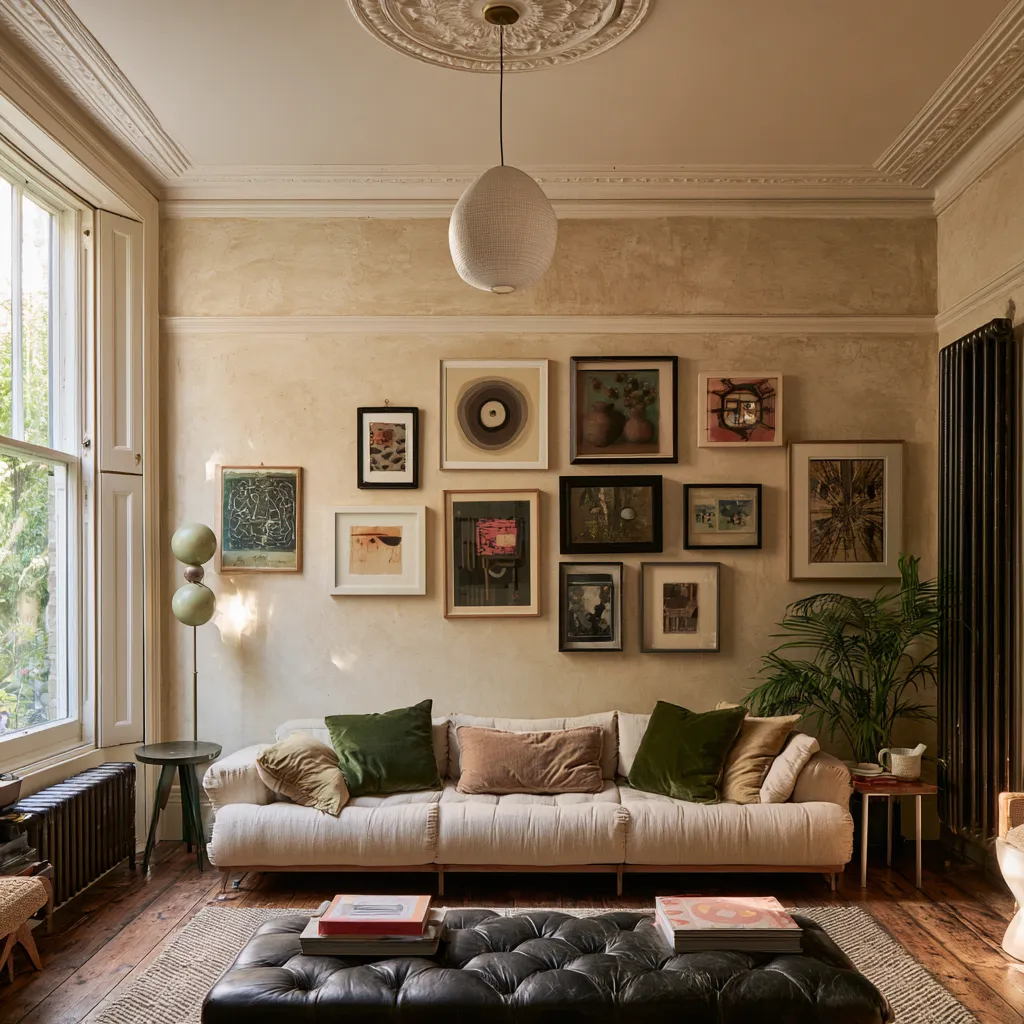 Classic terraced house front room with picture rail art arrangement and tufted sofa upholstery