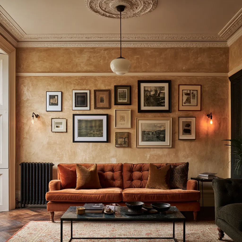Terraced house living room decor ideas with picture rail gallery wall, ceiling rose, and original cornicing