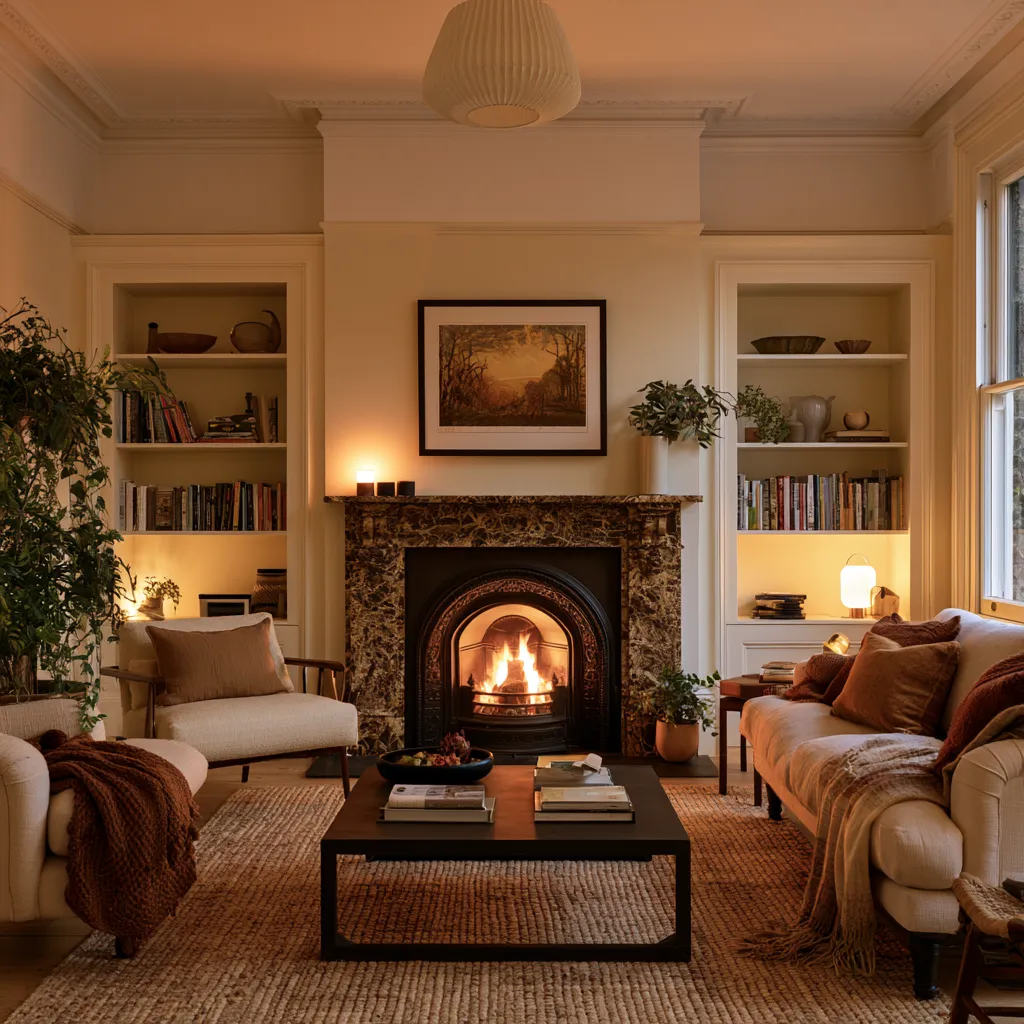 Period terraced home front room ideas with original fireplace, marble surround, and soft furnishings
