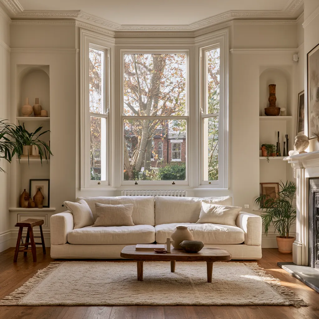 Terraced house living room ideas with bay window, built-in alcove shelves, and pale linen sofa in warm natural light