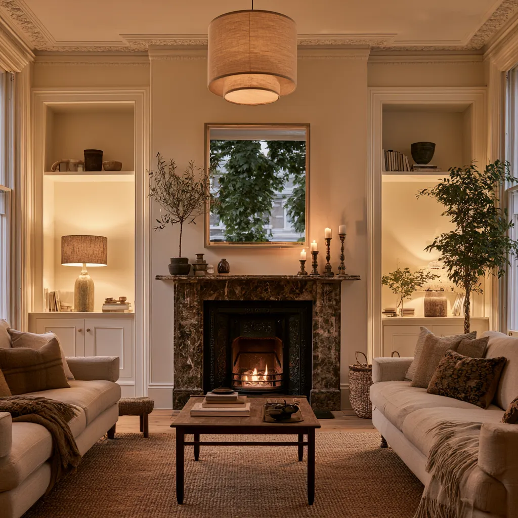 Terraced house living room fireplace ideas with cast iron surround, marble mantel, and alcove shelving