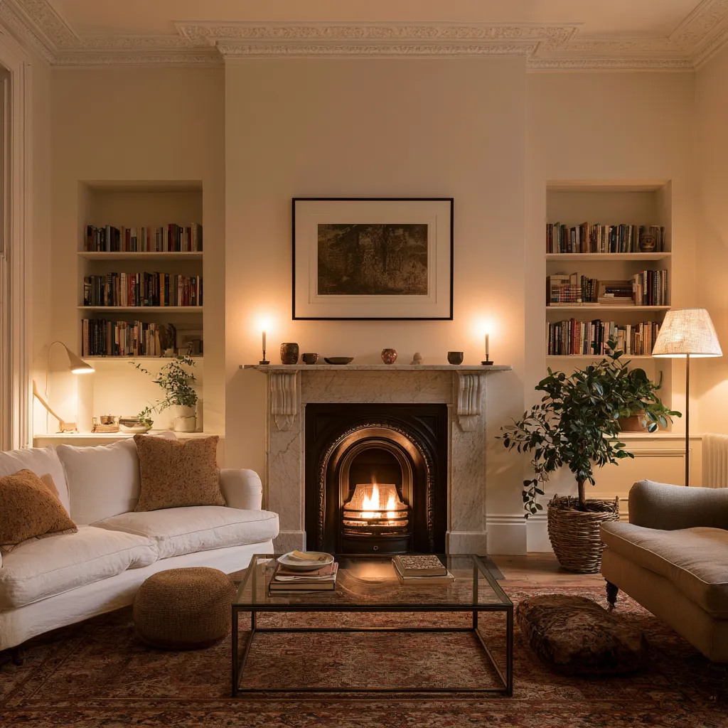 Victorian terrace living room chimney breast styling with restored fireplace and warm cream walls