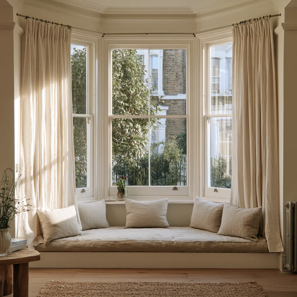 Victorian terrace lounge bay window styling with wall-hung curtains and built-in storage bench