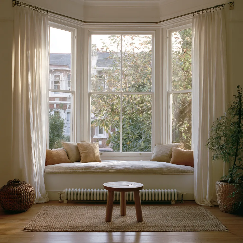 Small terraced front room bay window nook with custom upholstered seating and morning light