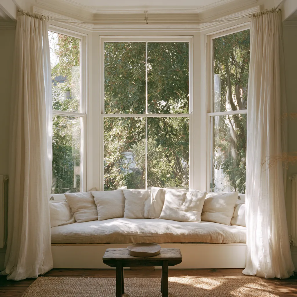 Terraced house living room bay window ideas with built-in bench seating, linen cushions, and floor-length curtains