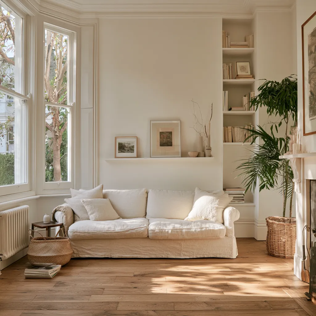 Victorian terraced living room with chimney breast styling and oak floorboards