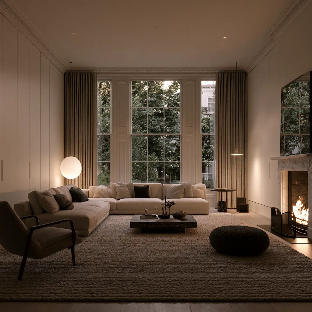 Small terraced house living room layout ideas featuring armchair and fireplace arrangement