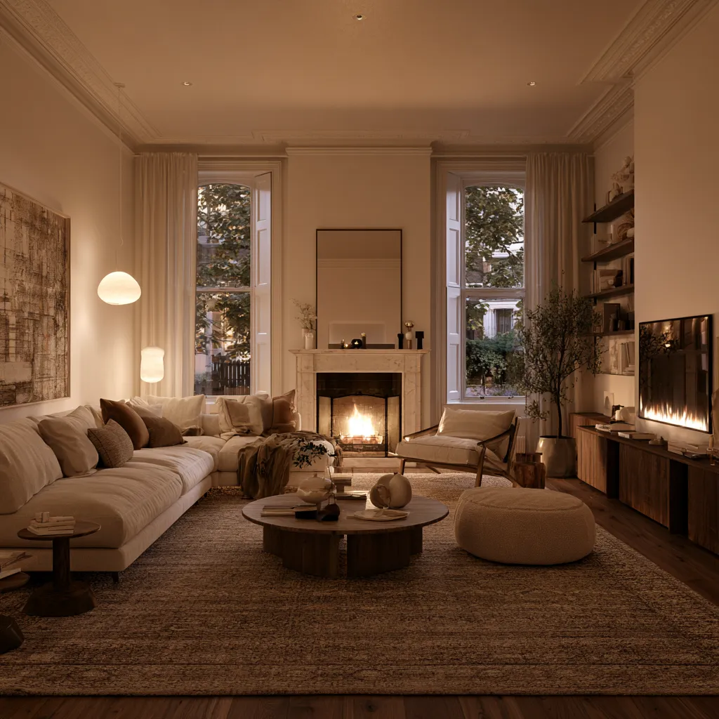 Period terraced home living space with layered rug and conversational seating zone