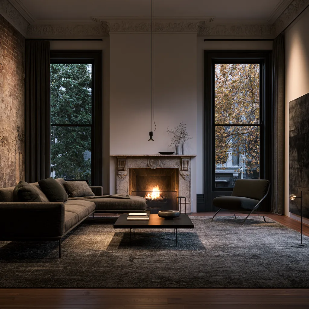 Terraced house living room furniture layout with floating sofa, large rug, and angled armchair